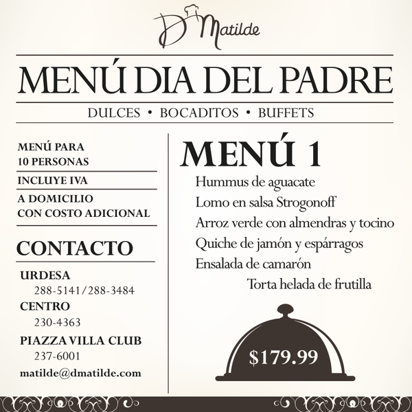 DMatildeOficial's tweet photo. Celebra a papá sin necesidad de salir de casa.

Disfruta en familia con un Menú del Día del Padre. http://t.co/G4K3qMtCZc