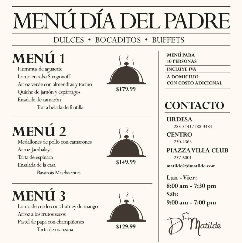 DMatildeOficial's tweet photo. Este domingo es tu turno de consentir a papá.

Disfruta junto a papá con un Menú del Día del Padre. http://t.co/PMPGLbHDkJ