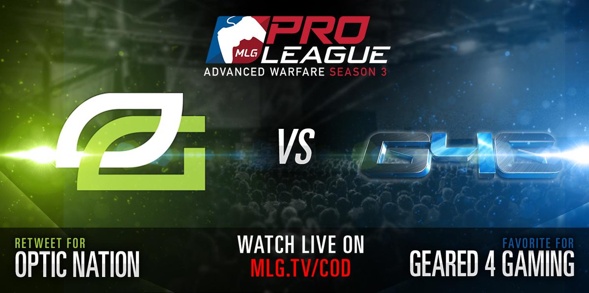 MLG's tweet image. Up next: #OpTicNation vs. @Geared4Gaming!

RT #GreenWall / FAV #G4G

Watch at MLG.tv/CallofDuty 

#MLGRelegation