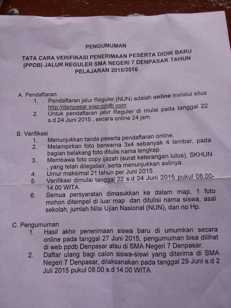 20/6/2015 [Info]: Tata Cara Verifikasi PPDB Jalur Reguler SMAN 7 Denpasar Tahun Pelajaran 2015/2016
