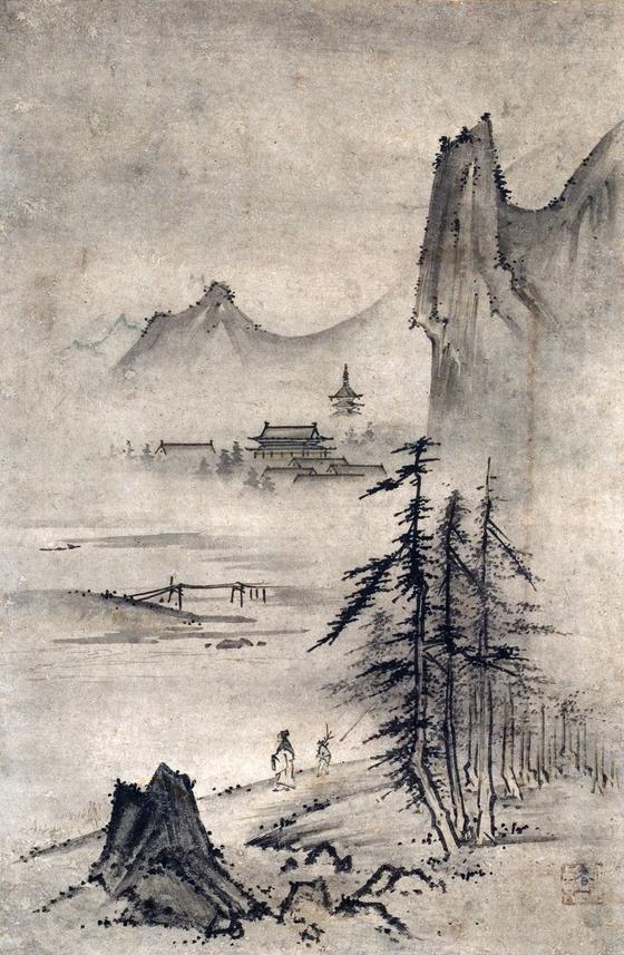 【真作】掛軸　幽谷山村図　霧に包まれた幻想の墨絵　墨絵山水　静謐な風景　T140 楽天市場】掛け軸 水墨山水 (堀江湖城) 送料無料 【掛軸】【一間床