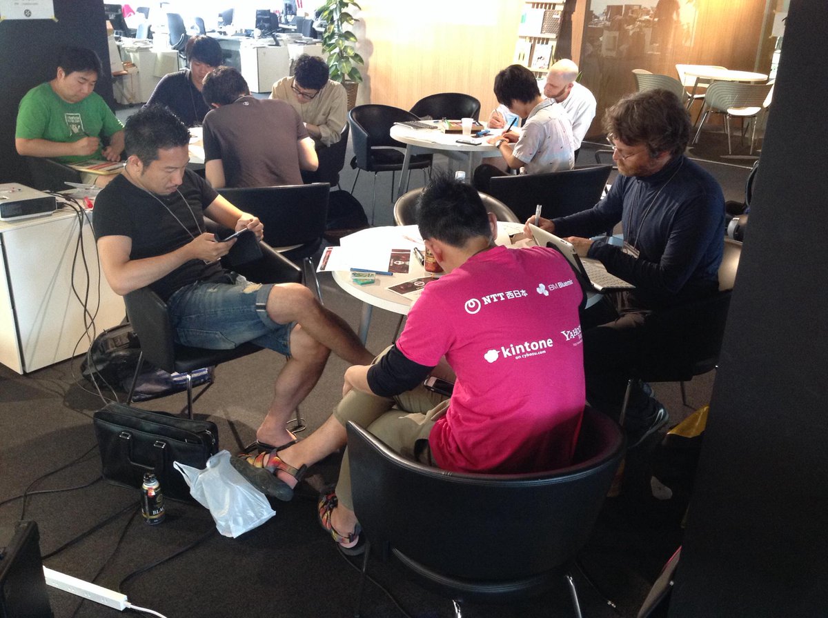 CycleHackTokyo's tweet photo. Hard working Cycle Hackers in Tokyo. #cyclehack http://t.co/E8oy2x68Iu