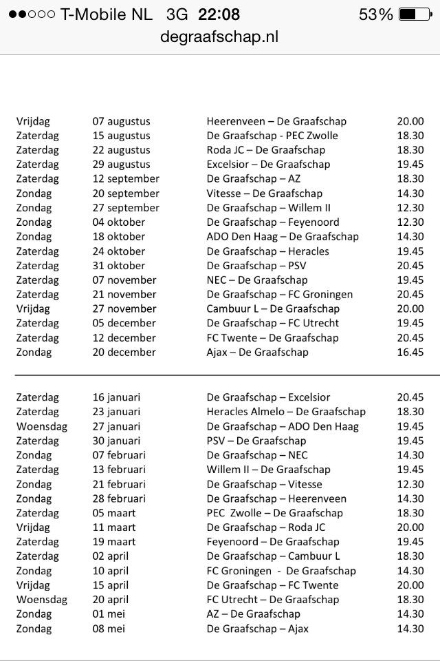 DeGraafschap's tweet photo. Speelschema incl tijden http://t.co/nUvUle0IjF