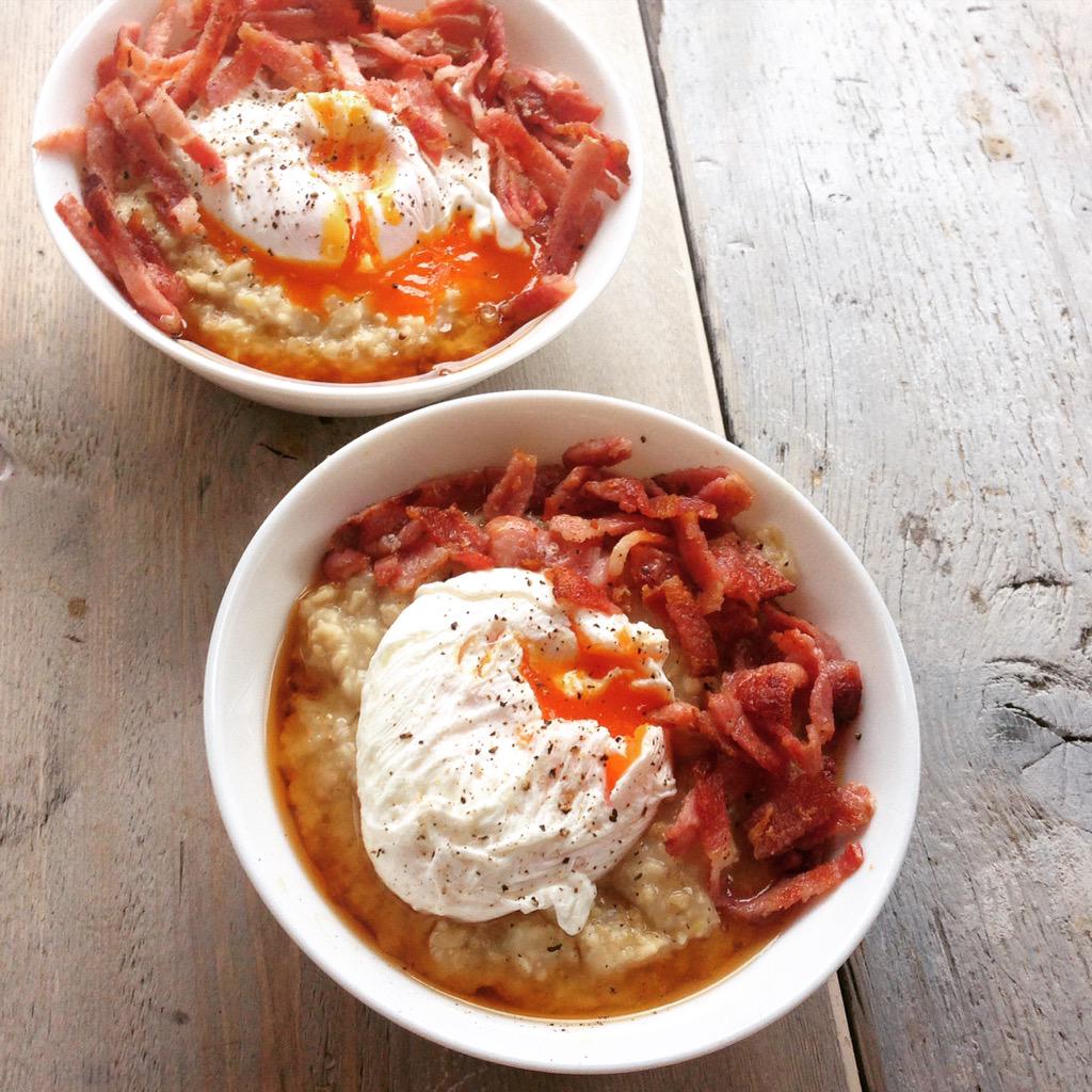 PorridgeCafe's tweet photo. It's the weekend, so it's Poached Egg &amp; Crispy Bacon with Maple Syrup on Porridge time again. Pop down from 9am - 3pm http://t.co/Sp2jlQexwt