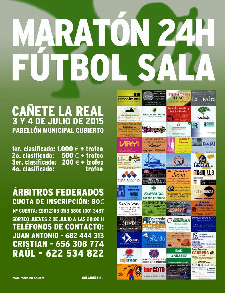 CaneteLaRealCF's tweet photo. 24 HORAS DE FÚTBOL SALA ⚽ CAÑETE LA REAL 3 Y 4 DE JULIO!! http://t.co/A8q6VTuwY8