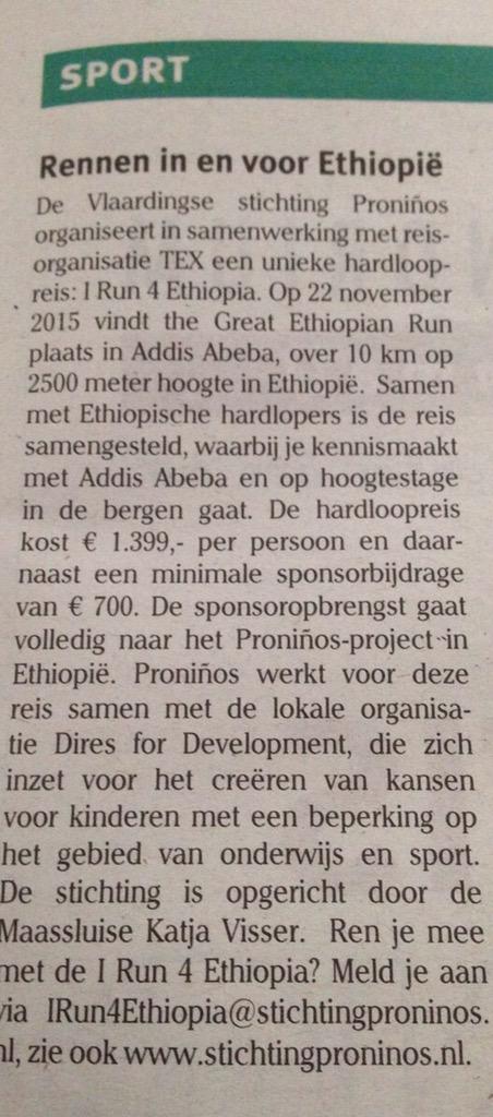 StartUp4kids's tweet photo. Mooi artikel in Maassluis Courant! Rennen in en voor #Ethiopië! #persbericht @KatjaProninos super! #hardloopreis http://t.co/v4sExIQLN6