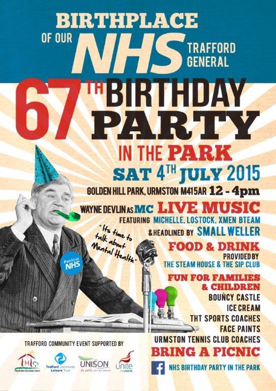 The 67th birthday party for our #NHS is on Sat 4th July, 12pm-4pm Golden Hill Park, #Urmston .  Please RT.