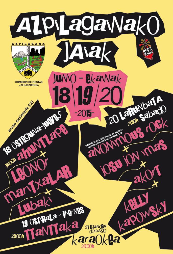 AUPA PEÑA!!!!
Gaueko 21:30-etan azpilagainako jaietan ikusiko gara!!
GOAZEN GOAZEN GOAZEN GOAZEN!!!!!!!!!!!!!!!!!!!!!