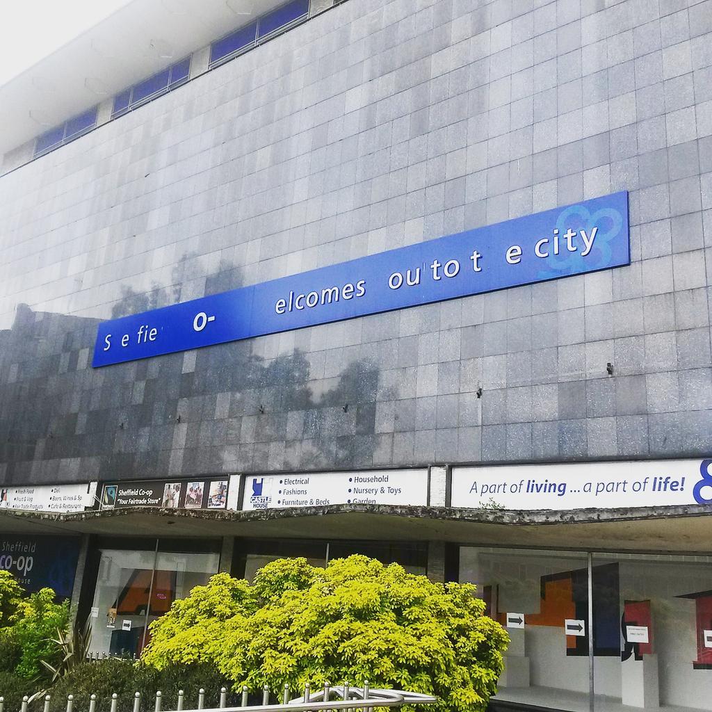 CastlegateFest's tweet photo. 'Sheffield Co-op Welcomes you to the City' or 'Sefie O elcomes ou to t e city' #castlehouse #castlegatefest #letters http://t.co/NFJMRNRNQc