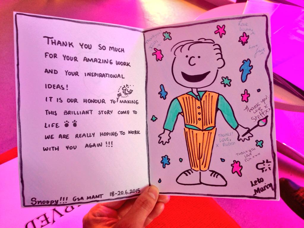 This thank you card from <a href="/letomarin/">Leto Ampatzi</a> &amp; the <a href="/SnoopyGSA/">Snoopy!!!</a> cast is one of my favourite things 😍 #PeanutsPJ