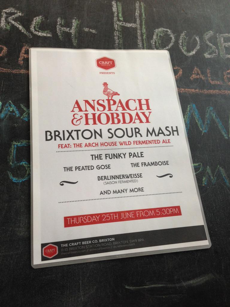 AnspachHobday's tweet photo. Looking forward to Thursday! @thecraftbeerco @CraftBeerCoSW9 #BrixtonSourMash! #ArchHouse http://t.co/OIuba0csl9