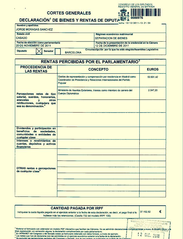 J.Moragas, tras embolsarse cientos de miles € en sobresueldos del PP, se inventa conceptos falsos para justificarlos: