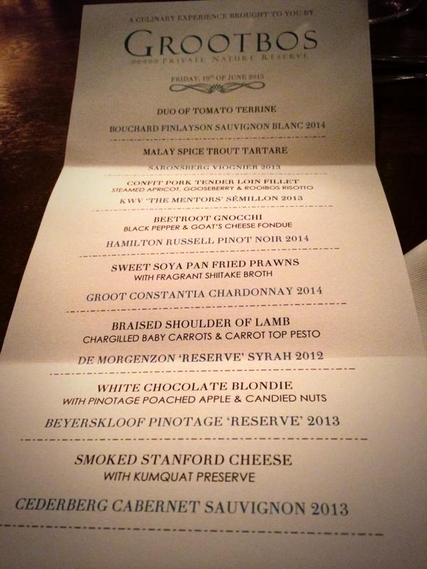SobAlert's tweet photo. "Reading through the 8 course #SAWiAwards dinner." @Grootbos @GoSocialSA @SobAlert @WomanAliveTV #winelover #foodie http://t.co/Yr1Xo9DXRp