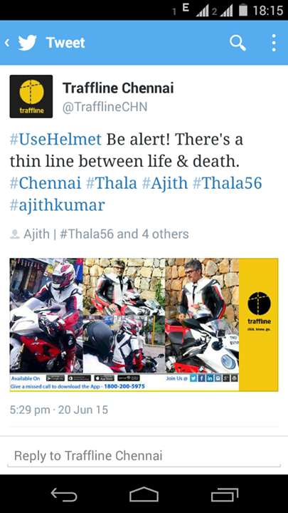 ThalaAjith_FC's tweet photo. Helmet awareness campaign by #Traffline, a real time traffic updater
#Thala #Ajith #Thala56 http://t.co/eKupFzSq1F