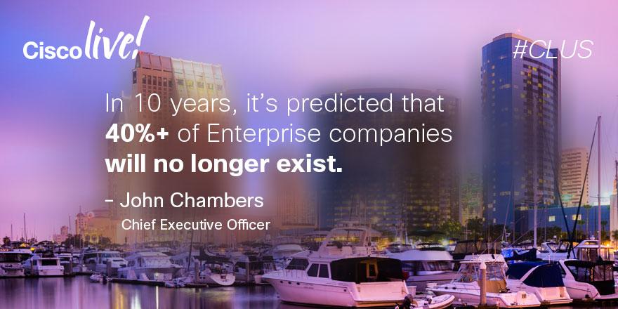 Cisco's tweet photo. "40% of businesses in this room unfortunately may not exist in 10 years." - John Chambers, Chairman &amp; CEO #CLUS http://t.co/8Fo5QfUkhL