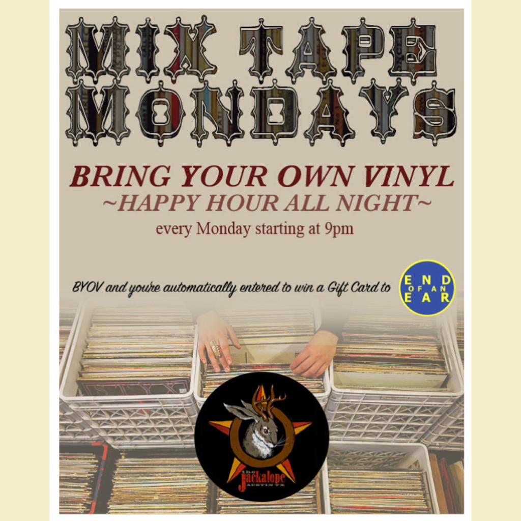#BYOV  <a href="/TheJackalopeBar/">The Jackalope</a> Monday's starting at 9. Bring some #vinyl and hang out. #happyhour all night #ATX #6thstreet