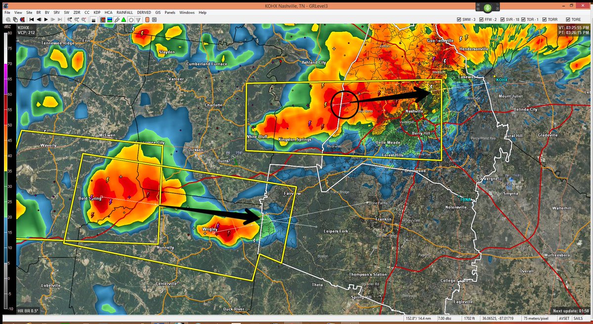 NashSevereWx's tweet image. Radar 326 PM includes the new Fairview warning and circled new area of strong winds near Bells Bend