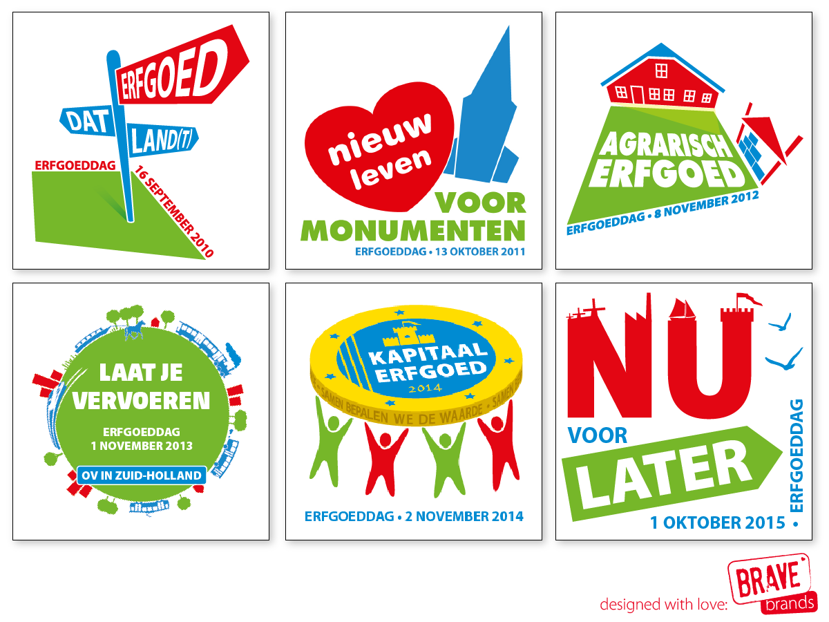 vormpraat's tweet image. De zes #logo&apos;s van het symposium Erfgoeddag. 
Elk jaar anders en toch gelijk. :-) #dynamicidentity #branding