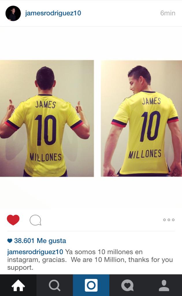 Fans_JamesR's tweet photo. Así nos comparte @jamesdrodriguez vía instagram la alegría de ser 10 millones apoyándolo en esa red http://t.co/MAk3zcat1n
