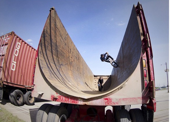 redbull's tweet photo. Gettin creative! MT @Corey_Martinez Trailer truck half pipe carves on day one of the #UnitedNewJersey trip! http://t.co/a4FakY3hny