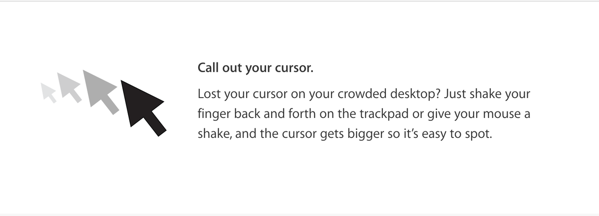 DesignUXUI's tweet photo. New UX detail from "El Capitan"

You can shake your mouse when it gets lost and it will grow. http://t.co/xrsuhGSLrL