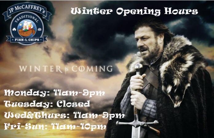 JP_McCaffreys's tweet photo. After a whopper long weekend it's time for JP's to have a day off! Have a look at our new winter hours... http://t.co/N1BVrRZynH