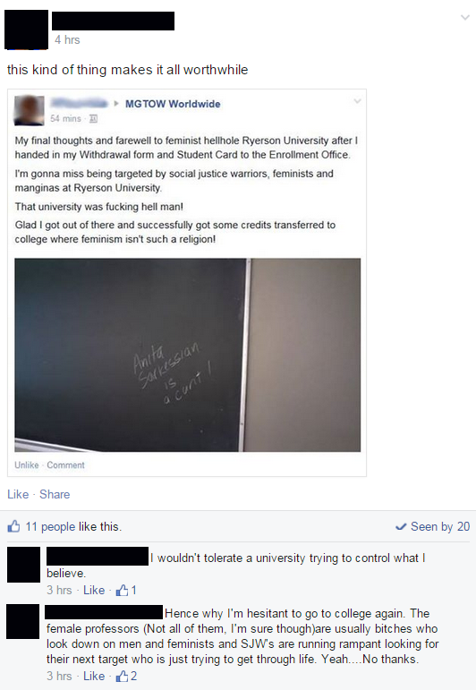 srhbutts's tweet photo. MRA ragequits college (!) &amp; leaves vile messages because of EVIL FEMINISTS. #gamergate FB group cheers him on http://t.co/68i2v04Zln