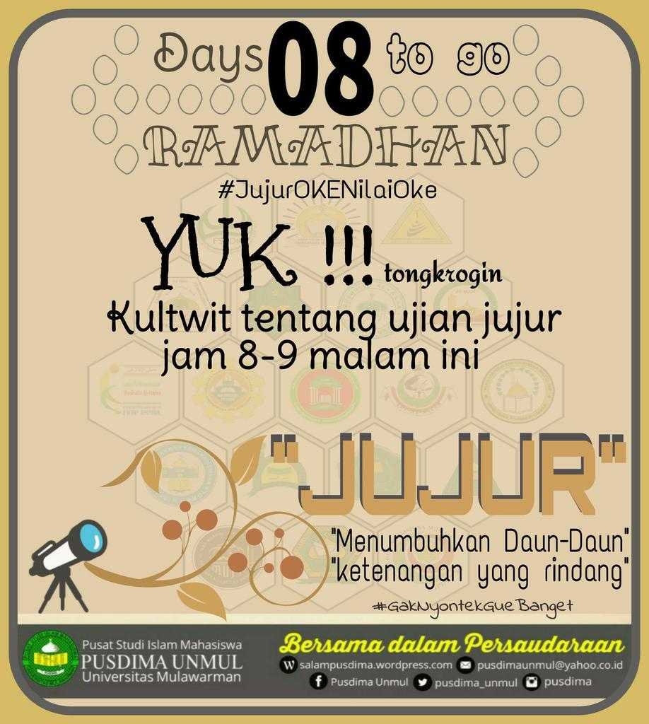 PusdimaUnmul's tweet photo. Yuk tongkrongin kultwit tentang ujian jujur dari pusdima jam 8-9 malam ini.
#JujurOKENilaiOKE 
#GakNyontekGueBanget http://t.co/W3ySoI4jOx