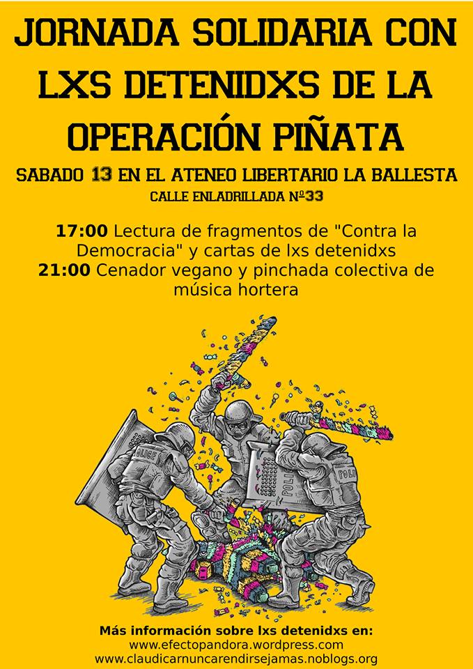 SevLibertaria's tweet photo. Este sábado Jornada solidaria con lxs detenidxs en la Operación Piñata. Lectura de textos, cenador y pinchada. http://t.co/MQnnO558xc