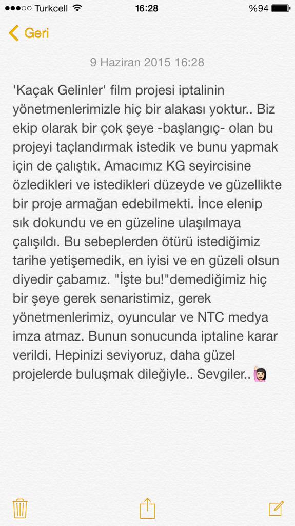 'KAÇAK GELİNLER' filmi iptali hakkında naçizane açıklamam budur sevgiler..