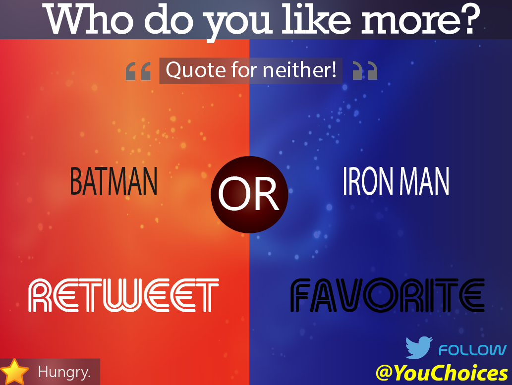 YouChoices's tweet photo. Batman or Iron Man? http://t.co/cfNWDUd9bh