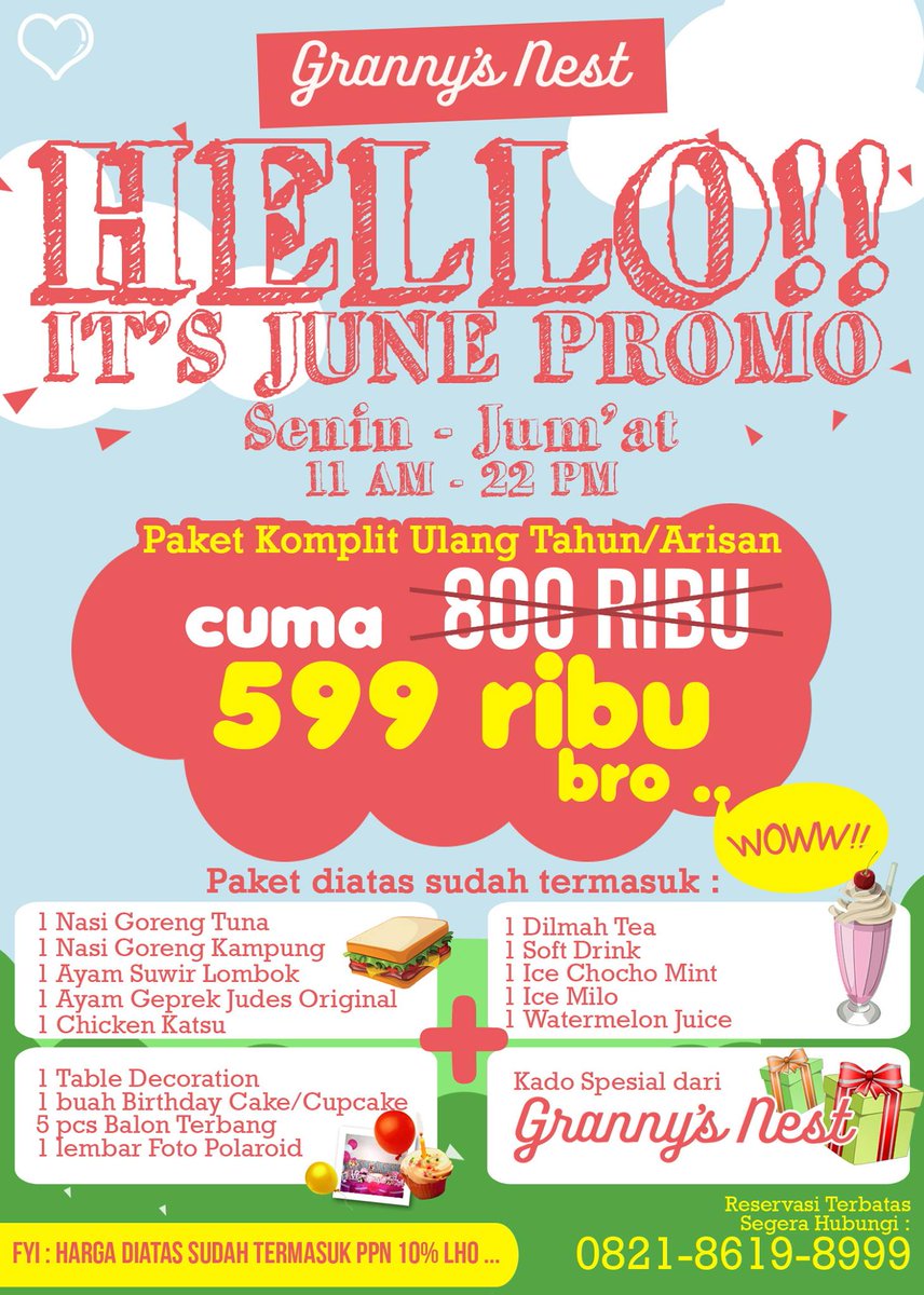 Grannys_Nest's tweet image. Promo di Bulan ini
#Cafelampung #restolampung #JunePromo @Grannys_Nest @translampungcom @avrotrosradar @HIMAGRI13