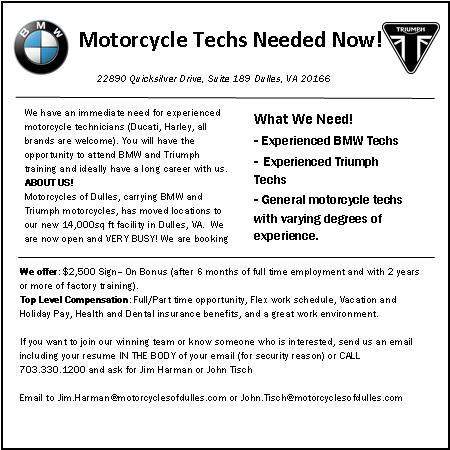 CALLING ALL #MOTORCYCLETECHS IN NOVA We need experienced BMW &amp;Triumph techs, and techs with all levels of experience