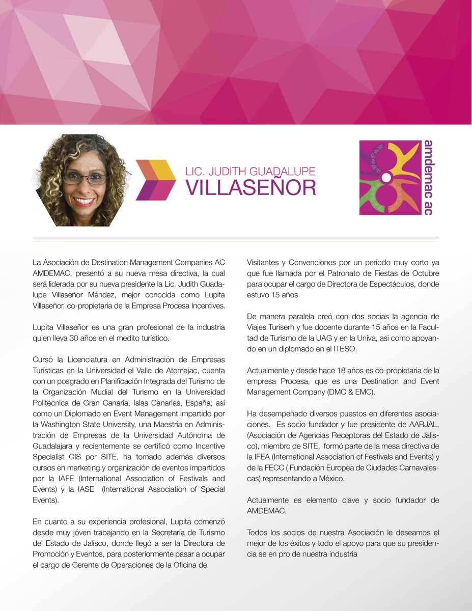 Esta es una breve semblanza de Lupita Villaseñor, Presidente AMDEMAC 2015-2016. <a href="/ProcesaEventos/">Procesa Group</a> #turismodereuniones