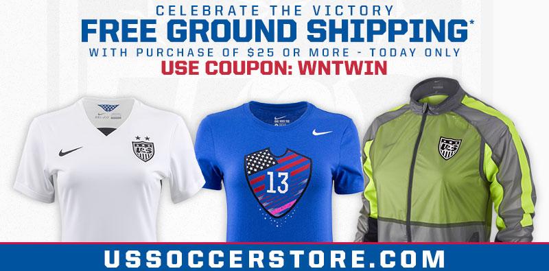 USMNT's tweet photo. Celebrate the #USWNT's victory with Free Ground Shipping! Today only.  Click here to shop: http://t.co/GxoSUrWs4P http://t.co/5JhXw70rXS