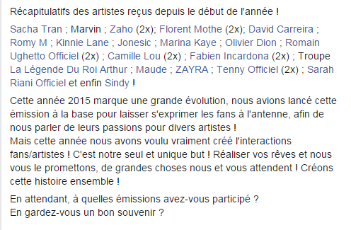AbsolumentFANS's tweet photo. Récapitulatifs des artistes reçus depuis le début de l'année 2015 !
#AbsolumentFans #VotreEmissionDeRadio http://t.co/TzgkKYsriR