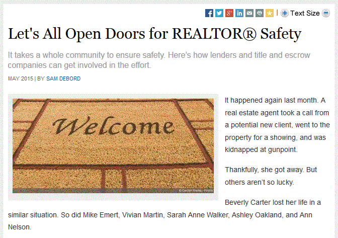 nardotrealtor's tweet photo. How lenders &amp; title/escrow companies can get involved in #RealtorSafety.  http://t.co/2hYxji5Pzl via @realtormag http://t.co/G3LHowJupz
