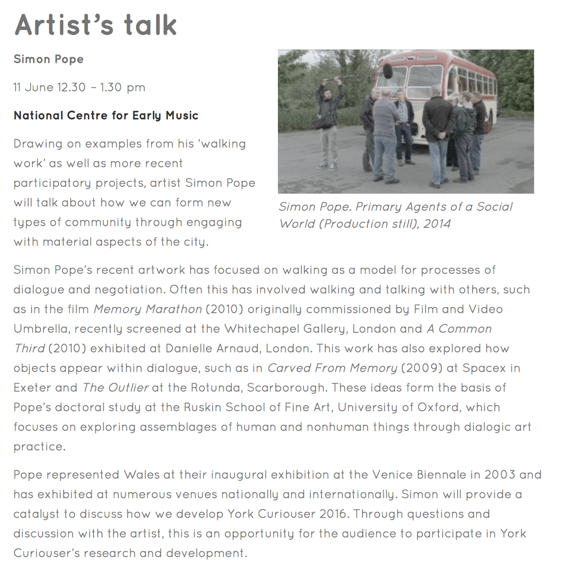 AlanahWatsonArt's tweet photo. 2 days until the first @YorkCuriouser event! Artist talk with #SimonPope 12:30 National Centre for Early Music #york http://t.co/3bcNJE2eI9