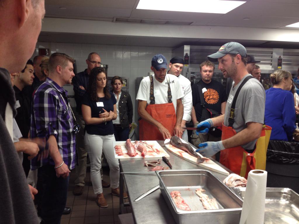 GMRIseafood's tweet photo. Fishermen Doug Feeney & Luther Bates cutting dogfish at #TrawltoTable. Want to help the fleet? #eatmoredogfish http://t.co/luT90nX1St