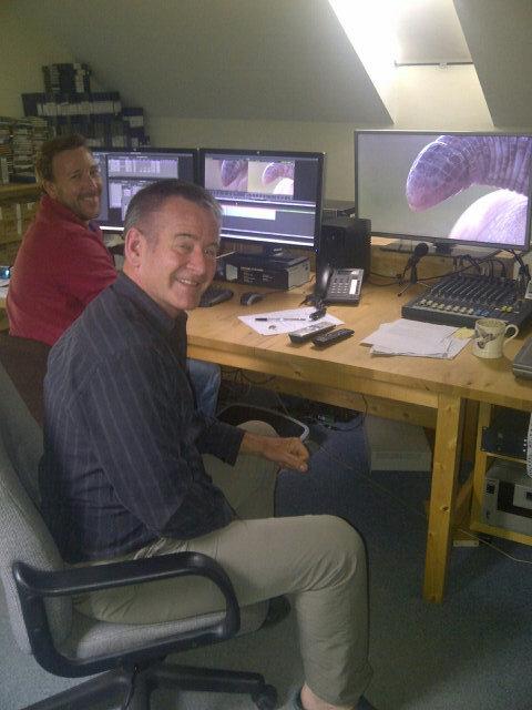 Nigelmarven's tweet photo. With Tom Rowe editing video shot in Spain last week. Not a porno! Willy like creature on screen, is a worm lizard! http://t.co/w9PzuIAR6g