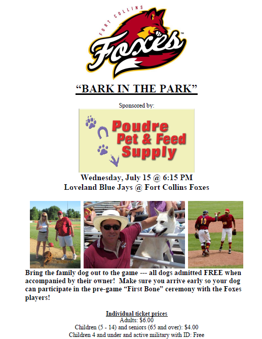 PoudreFeed's tweet photo. Bark in the park July 15th we have partnered with the @TheFoCoFoxes #DogsandBaseball #cantwait http://t.co/rh8mntSwNd