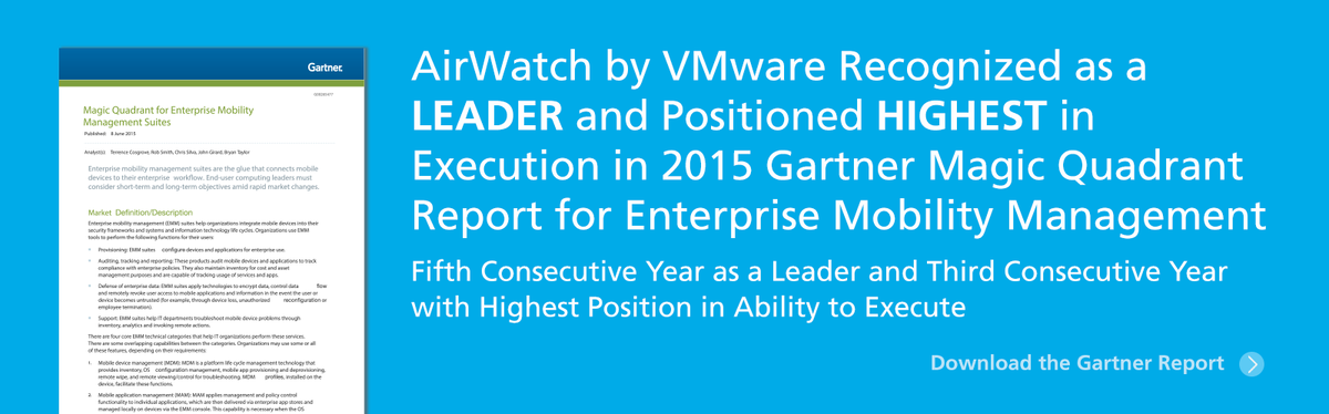 WorkspaceONE's tweet photo. #BREAKING #EMM News: AirWatch Recognized as Leader in 2015 Gartner Magic Quadrant for EMM http://t.co/pxeSfGgt7D http://t.co/23T6dJ6aJR