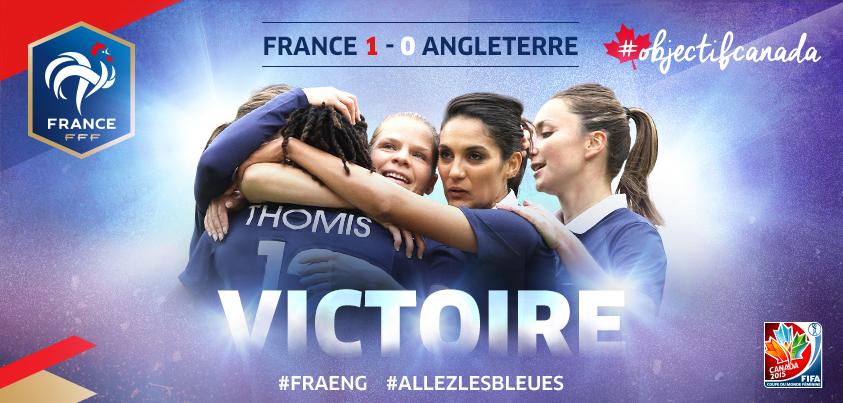 equipedefrance's tweet photo. C'est fini! 1er match et 1ere victoire pour les Bleues dans cette @FIFAWWC Ca part bien ! #FRAANG 1-0 #ObjectifCanada http://t.co/QG8Z1IW2zu