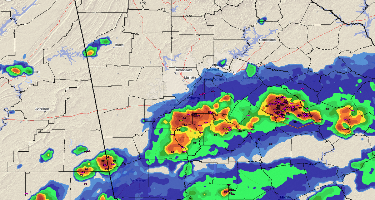ClaytonFainWX's tweet photo. Lots of storms on the south side of Atlanta.  Low clouds cover the downtown skyline. #gawx @WeatherBug http://t.co/5CgGMIItOs