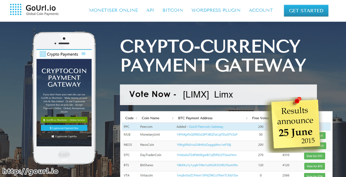 CryptocoinAPI's tweet image. June 2015 - Vote for #Limx coin to add $LIMX to GoUrl.io #Bitcoin Payment Gateway. VOTE NOW - gourl.io/voting-limx-ju…