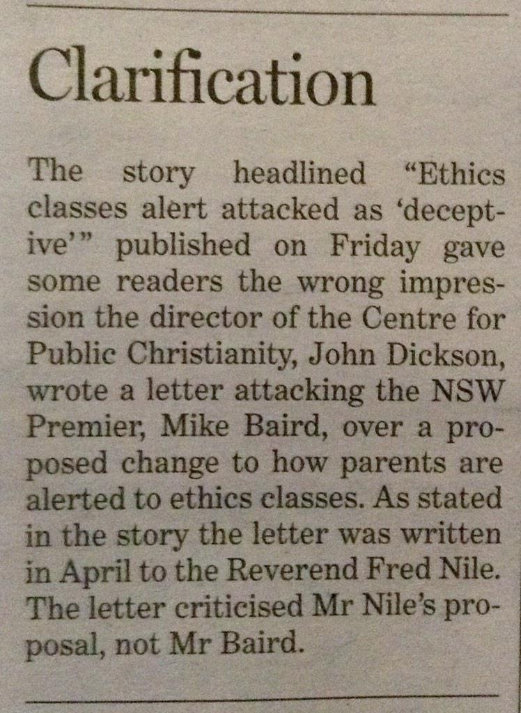 johnpauldickson's tweet image. This morning the @smh clarified its story about @cpx_tweet and Premier @mikebairdMP