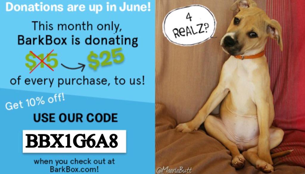 Help us earn $ + get 10% off w/code BBX1G6A8! <a href="/Barkbox/">BarkBox</a> is donating $25 for June purchases! barkbox.com/?url_coupon=BB…