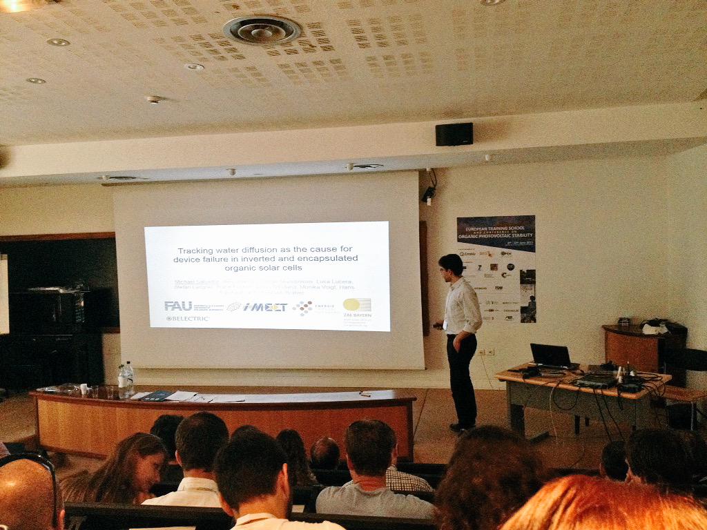 ProjectEstablis's tweet photo. Michael Salvador (@UniFAU) here in #Cargèse at #ESOS, presenting now the study on traking water diffusion in #OPV http://t.co/YKq8letZ26