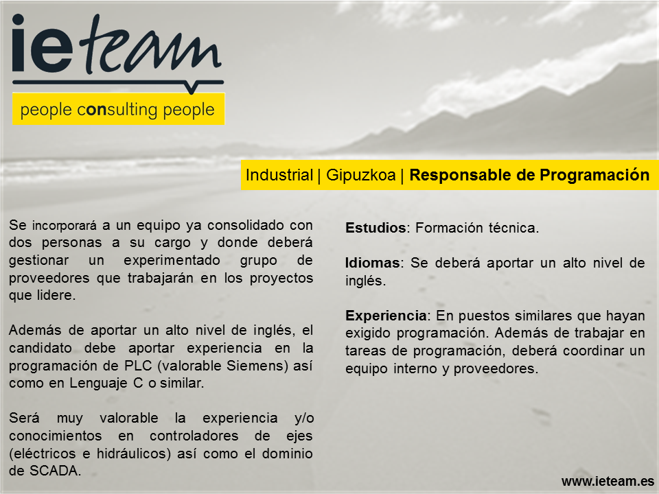 ieTeamConsultor's tweet photo. Oportunidad profesional RESPONSABLE DE PROGRAMACIÓN. Más info: https://t.co/NUMRwXq3BT # empleo #Gipuzkoa http://t.co/ezZ2FdJa48
