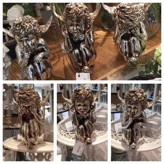 New Stock In... All available to order with free delivery. 
Stunning Set of 3 Metal Plated Sitting Cherub Figures.